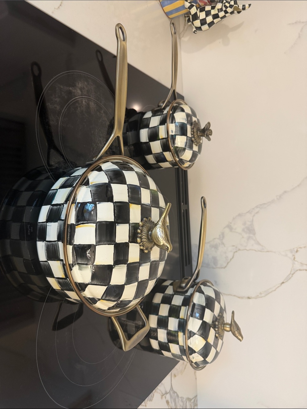 MacKenzie-Childs Black and White Checkered Enamel Saucepan Set